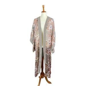 GiGio Paisley Lurex Long Maxi Duster Sz Small Kimono Tassel Trim Boho Beach Rust